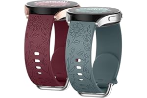 Knossen Floral Engraved Bands for Garmin Venu 2Plus, Venu Sq2, Venu, Vivoactive 5, Vivoactive 3, Soft Silicone Flower Pattern Replacement Strap for Garmin Vivomove Sport and Forerunner 245 645 Music, 2 PACK