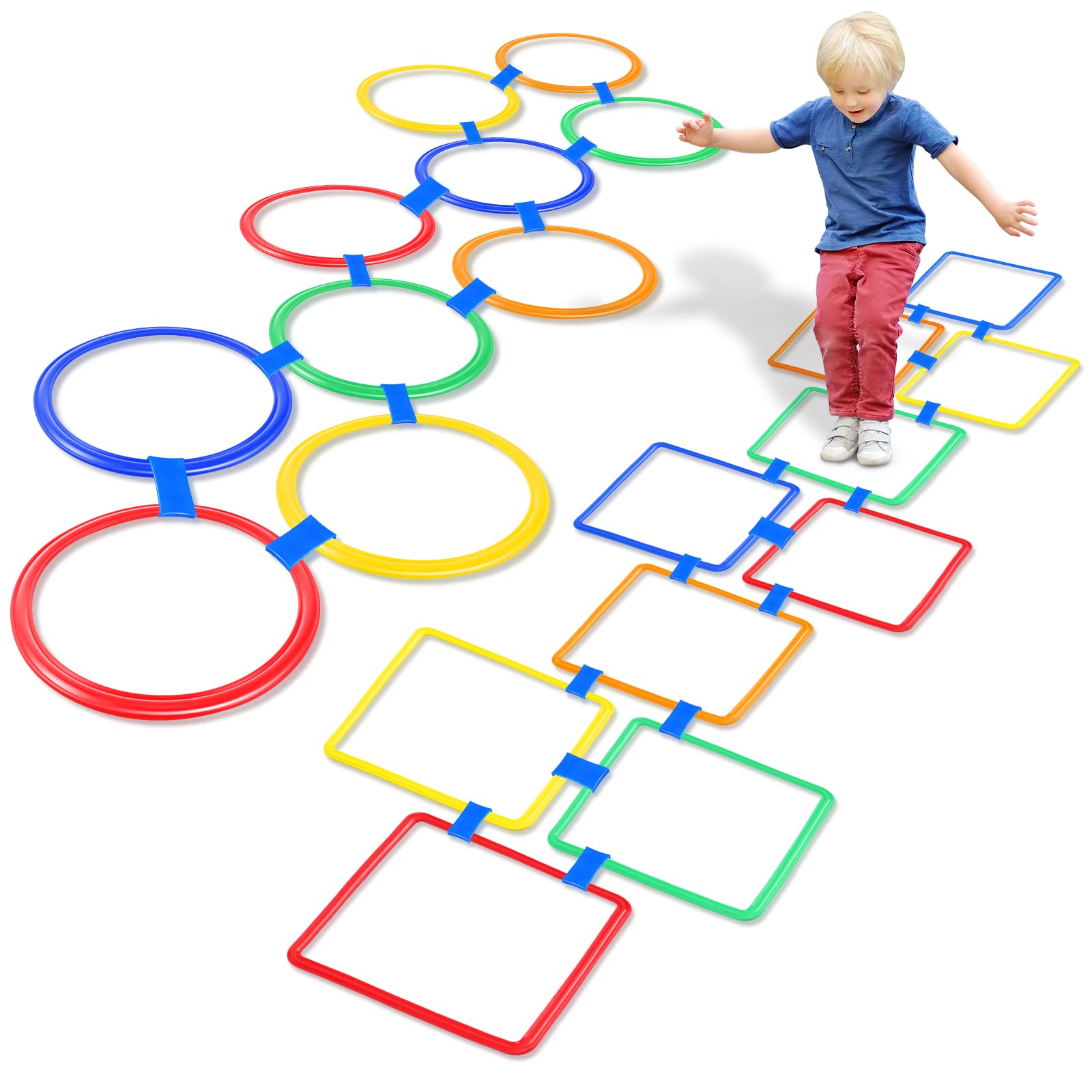 Photo 1 of Woanger 2 Sets of Hopscotch Outdoor Squares 20 Pcs Hopscotch Ring Game with 30 Pcs Connectors Outdoor Indoor Obstacle Course for Kids Playground Agility Training(Hoop, Square,11 Inch, 15 Inch)