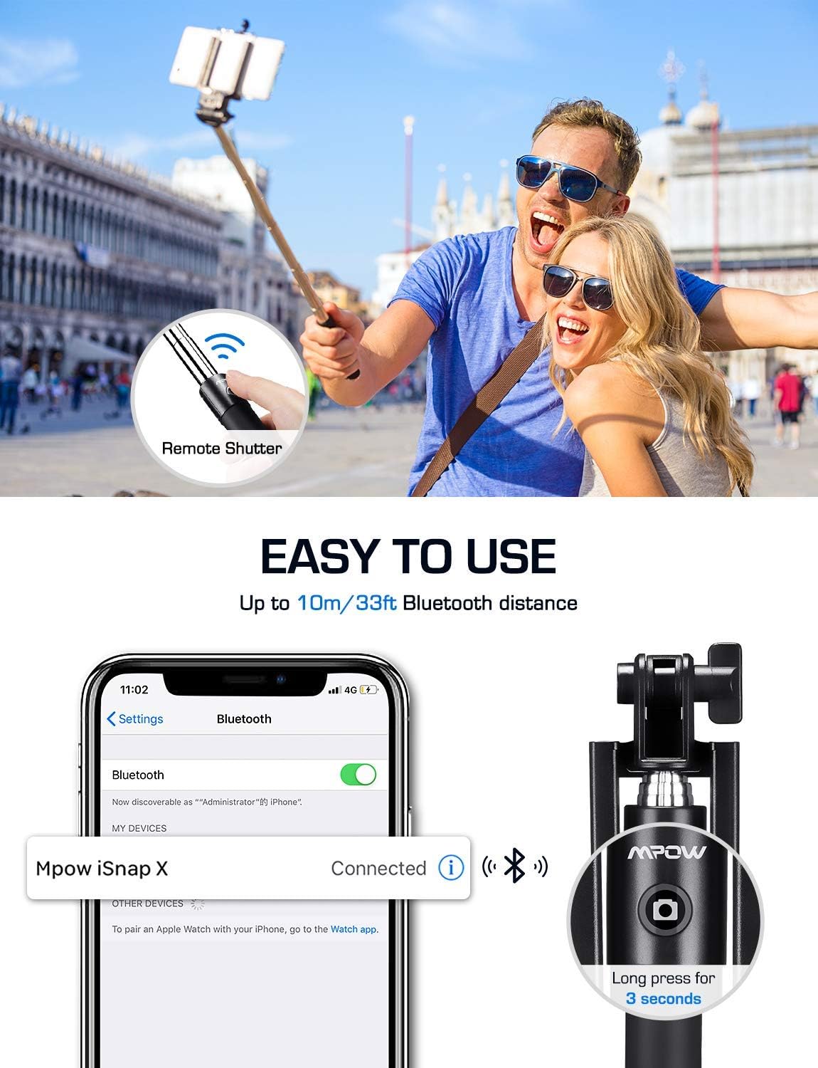 Mpow Selfie Stick, Lightweight Extendable 31.9 Inch Monopod with Bluetooth Remote Compatible iPhone12/12 Pro/SE /11/ Max/ XS/Max/XR/X/8/8P/7/7P/6S, Galaxy S20/S10/ S10 Plus/S9/8/7/6 and More, Black