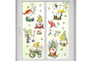 Mfault 9 Sheets Spring Gnomes Flowers Window Clings, Floral Daisy Tulip Lavender Glass Stickers Decals Decorations, Butterfly Mushroom Bicycle Swing Home Kitchen Decor