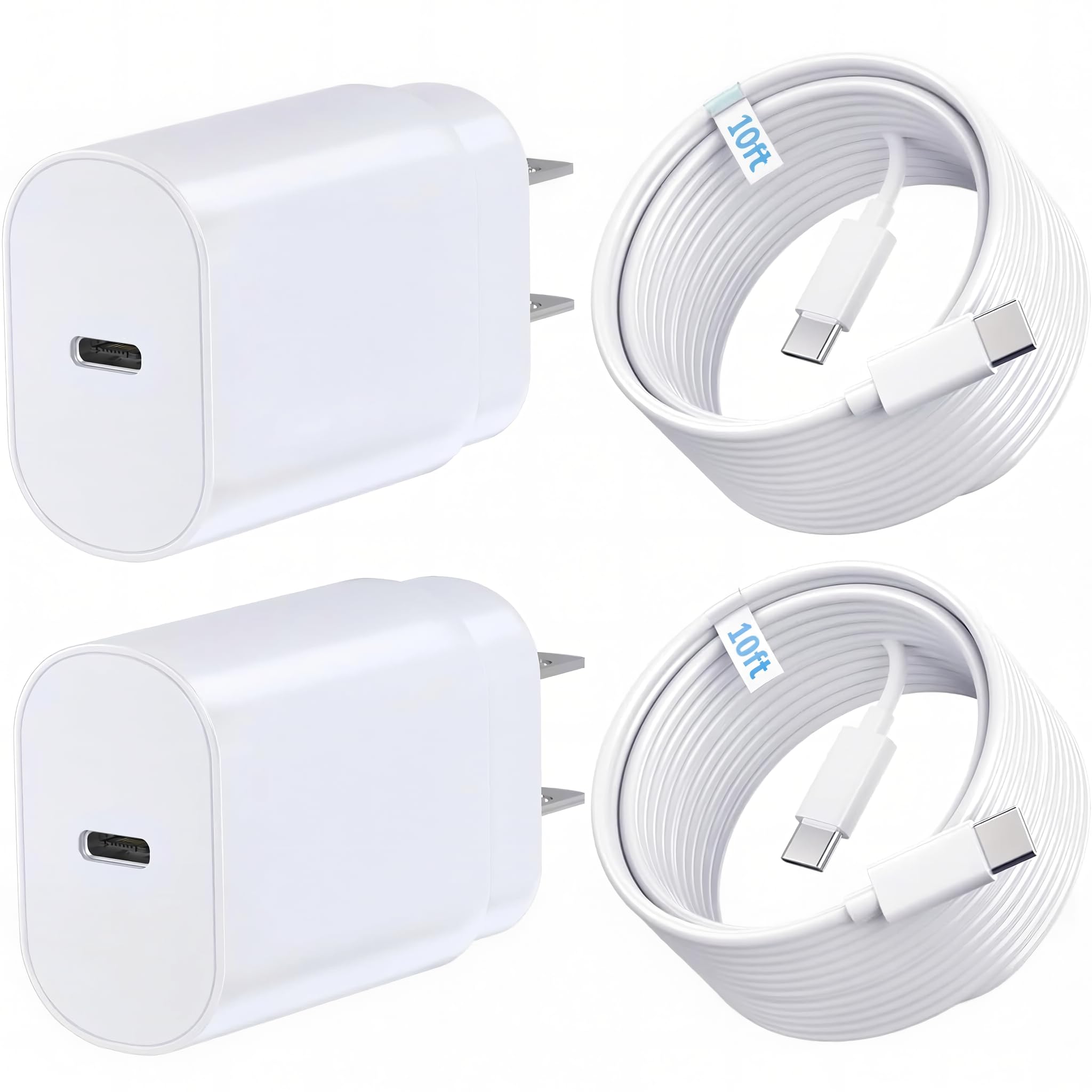 TT&C 2-Pack 30W USB C Charger Set (2X Mini Wall Blocks + 2X 10ft Extra Long Cables), Power PD 3.0 Fast Charging Compatible with iPhone 17, 17 Air, 16, 15, & for Samsung Galaxy S26, S25, White