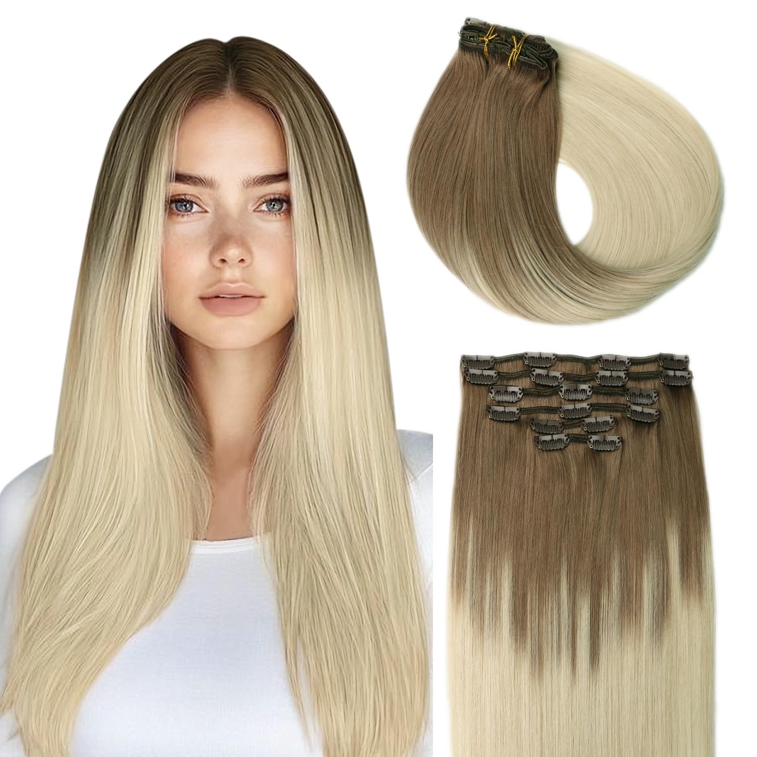 SURNEL Hair Extensions Clip in Ombre Blonde Clip in Human Hair Extensions Light Brown Fading to Platinum Blonde Balayage Double Weft 18Inch 120G 6Pcs (#8/60, 18'') — image 1