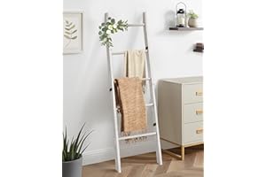 XLHOMO Blanket Ladder for Living Room, 5-Tier Wooden Ladder Shelf, Rustic Decorative Blanket Rack for Blankets, Quilts, Farmhouse Decor Ladder Shelf for Bedroom Bathroom Home Christmas Decor, White