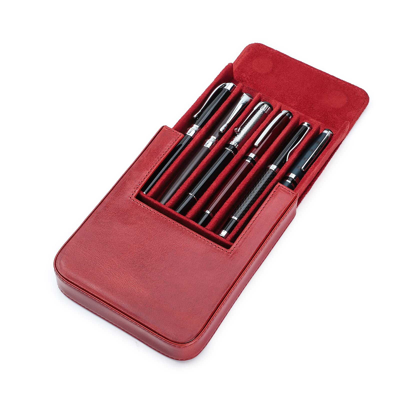 Hiram Leather Pen Case for 6 Pens Portable Vegetable Tanned Leather Made Pen Storage Box with Hidden Magnetic Snap Closure and Pen Tray Drawer Holder Design (Red)