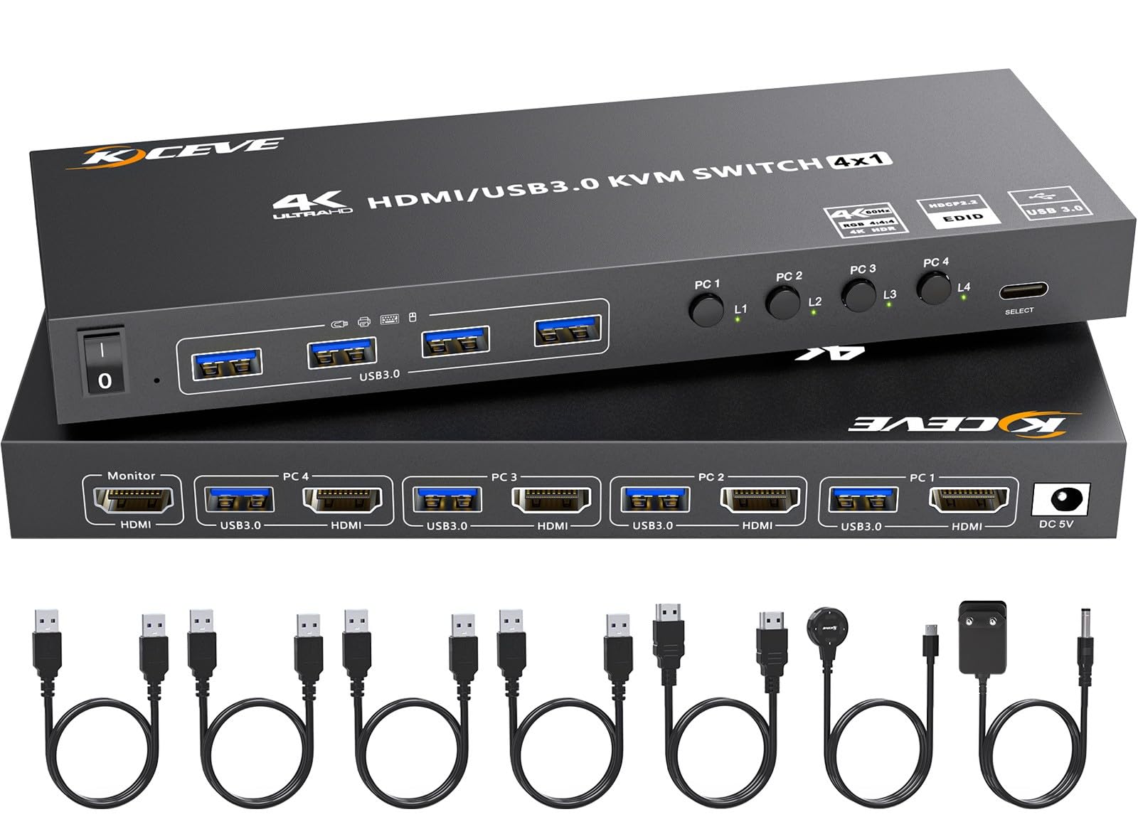 4 Port HDMI KVM Switch 4K@60Hz EDID-Simulation,KVM-Switches 4 PC 1 Monitor mit 4 USB 3.0 Ports für Tastatur Maus,Drucker,Verkabelte Fernbedienung, 12V Netzadapter und 4 USB3.0 Kabel Enthalten
