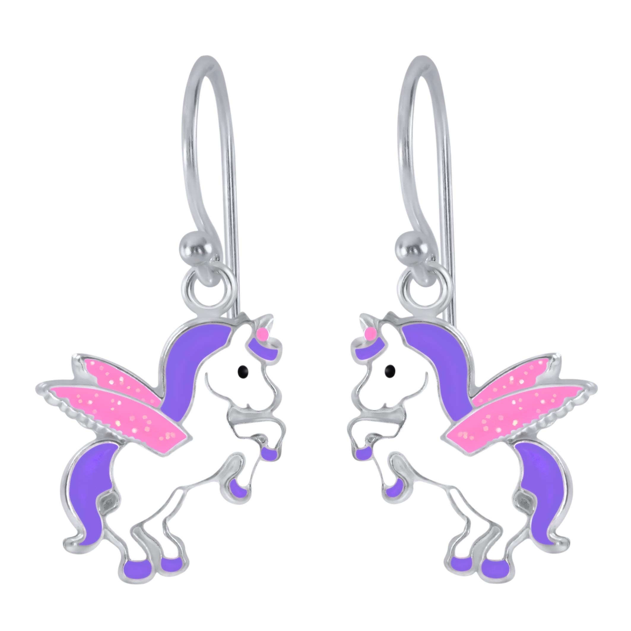 Sterling Silver Dangling Unicorn Earrings Pink and Purple Fish Hook