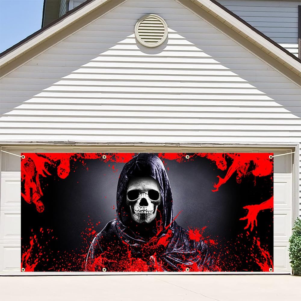 Garage Door Decorations - Halloween Garage Door Cover with Eight Grommets, Halloween Door Decorations Bloody Backdrop Ghost Horror Birthday Decorations Halloween Party Decorations 6 x 13ft