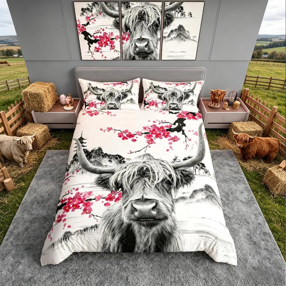 Loussiesd Highland Cow Comforter Cover Cute Red Floral Cattle Bedding Set Kids Girls Women Men Cherry Blossom Duvet Cover Western Bull Cow Print Bedspread Cover Exotic Wild West Animal King — image 1