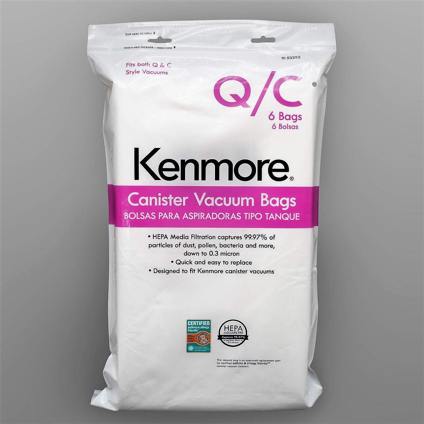 Kenmore HEPA Vacuum Bags C Q - Kenmore and Sears Style Q/C Bags for Canister Vacuum Cleaners. Also Fits Kenmore 5055, 50557, 50558. Part Number 20-53292. Package of 6 Premium HEPA Synthetic Bags. -