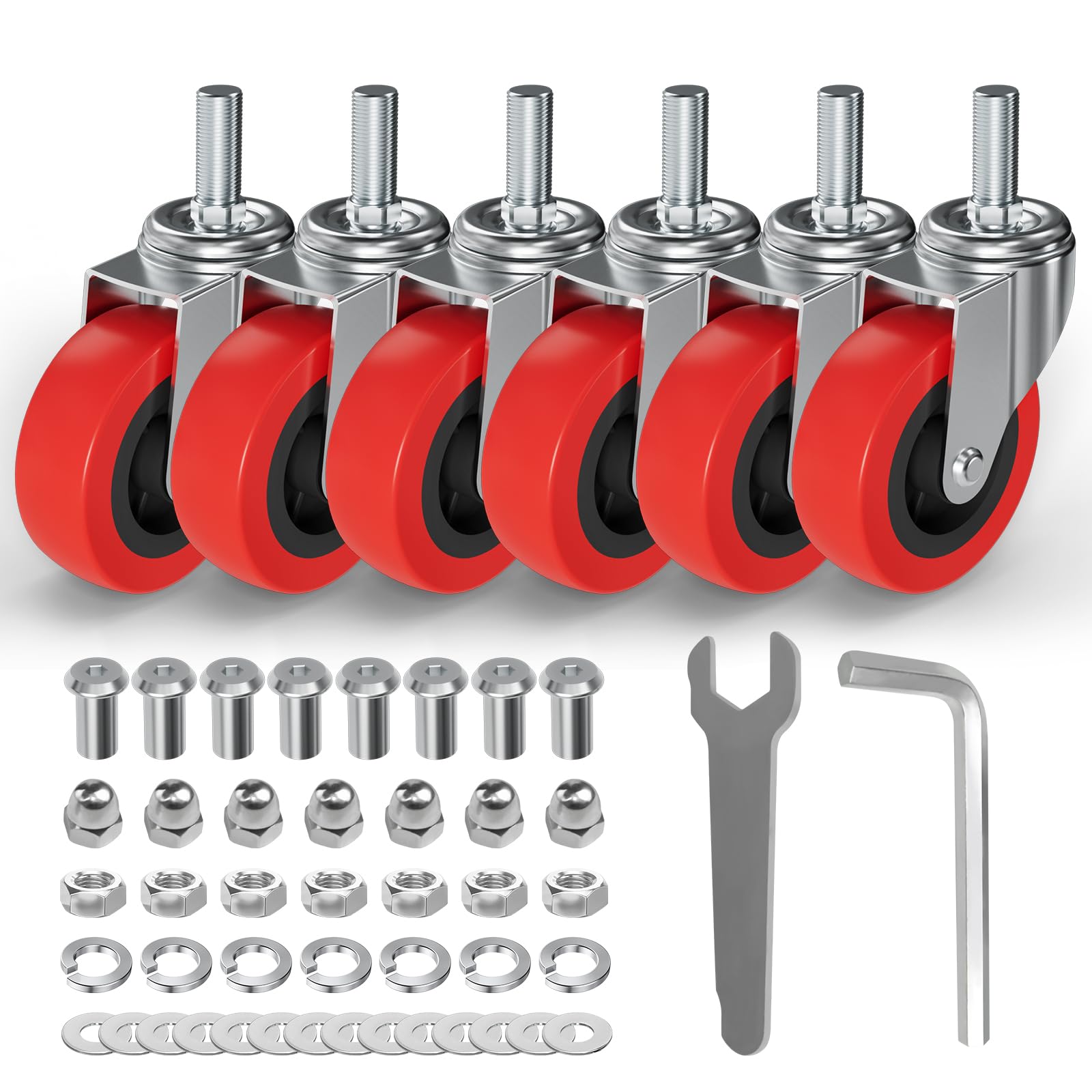 6 Pack 2.5 Inch Heavy Duty Swivel Caster Wheel Creeper Service Cart Stool Post Mount, M10 (Around 3/8") x 1" Metric Threaded Stem Casters Wheels Replacement