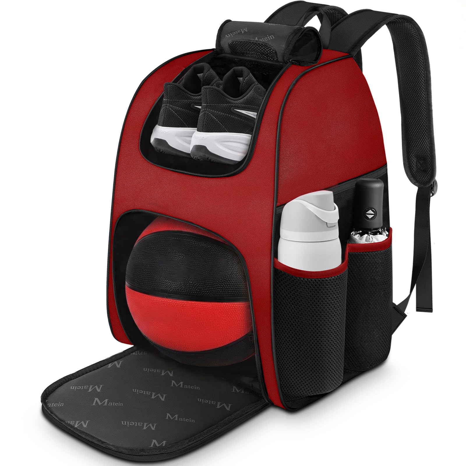 MATEIN Soccer Backpack for Men 40 L, Sports Bag with Extra Large Capacity for Basketball Equipment and Gear, Water Resistant Basketball Bags with Multiple Side Pockets, Black Red Image