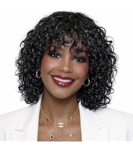 Amazon.com : Short Curly Human Hair Wig with Bangs Short  display picture 1