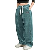 XYXYING Women's Corduroy Casual Pants Loose Comfortable Wide-Leg Pants with Elastic Waistband Drawstring and Multiple Pockets