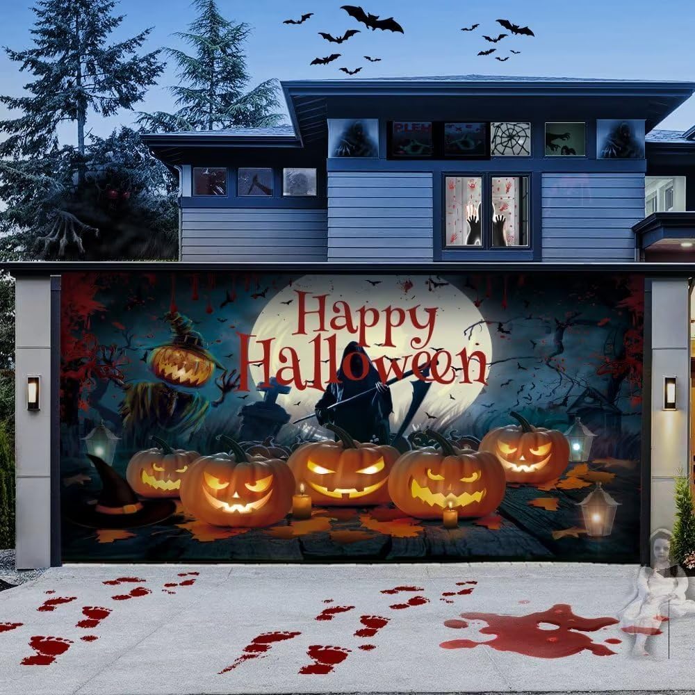 Garage Door Decorations - 7 x 16 ft Halloween Garage Door Cover Banner Ultra Large Halloween Banner Cover Murals Horror Bloody Party Pumpkin Handprints Ghost Haunted Halloween Garage Door Banner Decorations Indoor and Outdoor