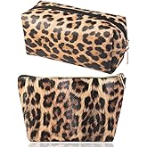 Mgiflw 2 Pieces Leopard Print Leather Cosmetic Bags Set,Travel Storage Case Portable Cheetah Makeup Organizer Pouch for Women,Beauticians Makeup Artists