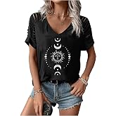 TOTWOW Women's Cut Out V Neck T-Shirts Boho Floral Graphic Tee Summer Cold Shoulder Short Sleeved Tops