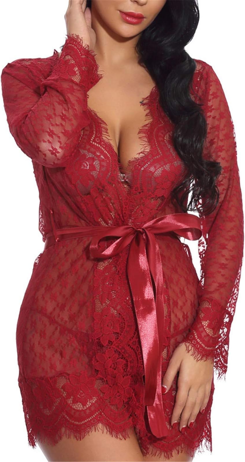 Lace Kimono Robes Pajamas Sexy Underwear Striped Lingerie with Belt Nightgown Lingerie for Ladies