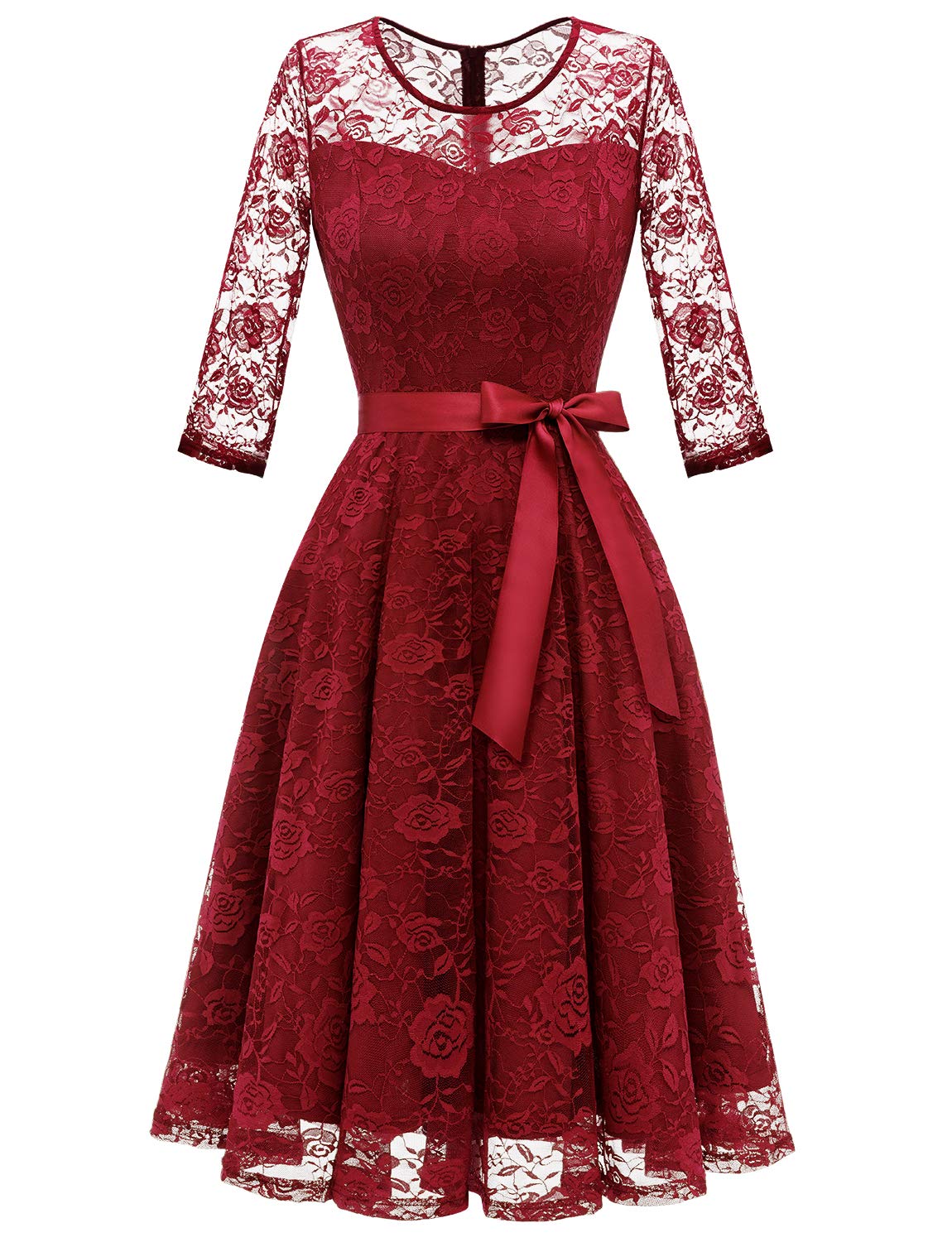 Photo 1 of Dressystar 0017 Elegant Floral Lace Dress 3/4 Sleeves Bridesmaid Midi Dresses Illusion Neckline XXL Dark Red