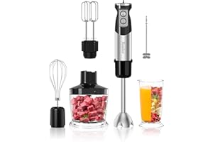 WANLEE Handor 6-in-1 Hand Immersion Blender, 1000W 12 Speed Handheld Blender with 600ml Beaker, 500ml Chopper, Egg Whisk, Milk Frother, Stainless Steel Blades for Soup, Smoothie, Puree