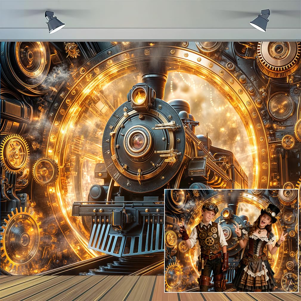 Photo 1 of 10 x 8 ft Time Machine Train Backdrop Antique Old Metal Gear Industrial Steam Machine Photography Background Time Travel Party Decor Wallpaper Banner Photo Studio Props