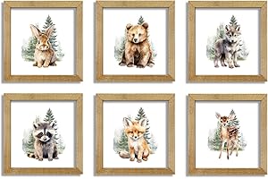 LUZHIQIANG Woodland Animal Nursery Wall Art Decor 8x8 Inch Set of 6 Safari Bear Deer Fox Raccoon Rabbit Wolf Children's Jungle Boys Girls Room Wood Framed Forest Animal Wall Hanging (Wood)