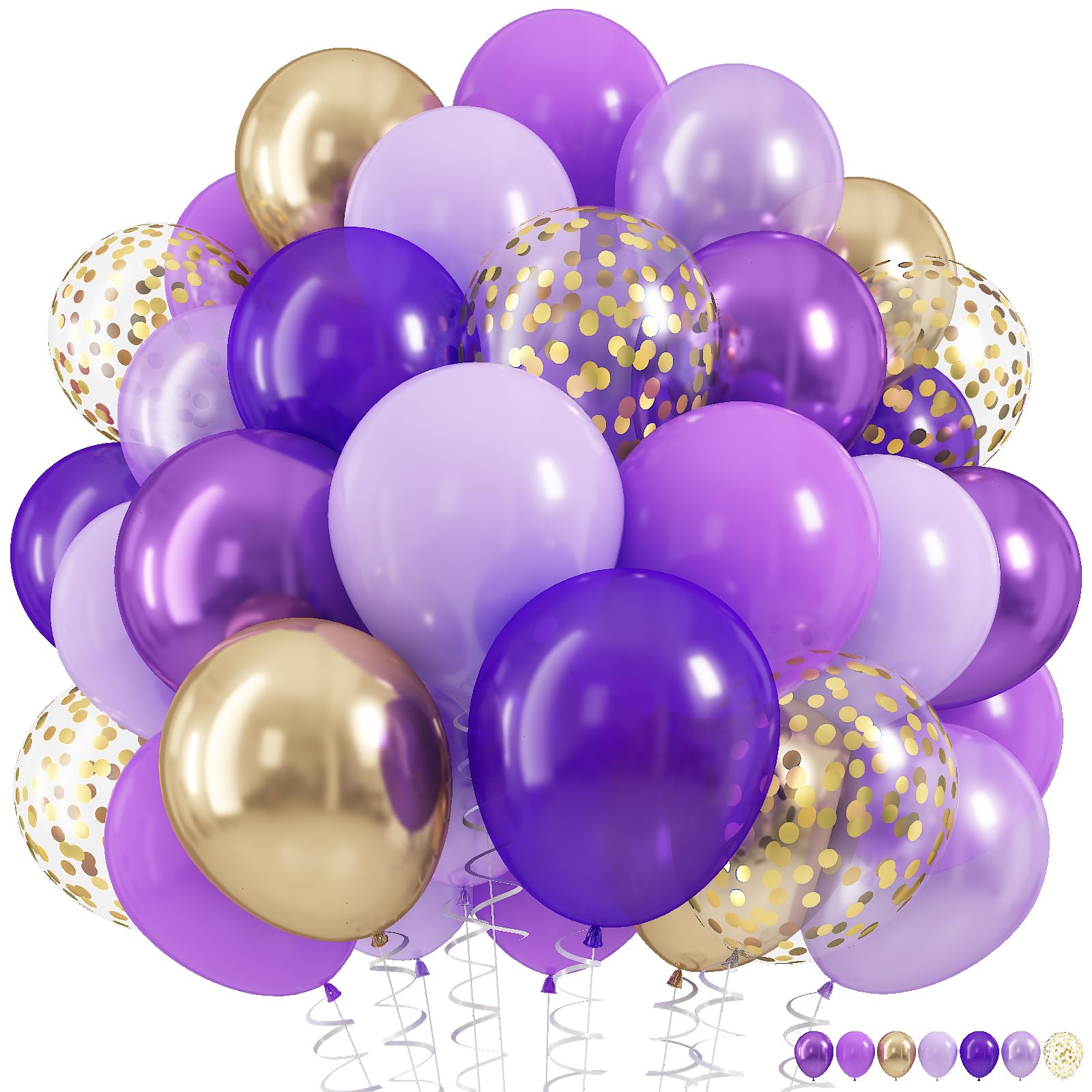 Photo 1 of Pastel Purple Gold Balloons Set, 60Pcs 12 Inch Light Macaron Metallic Dark Purple Lavender Balloon with Gold Confetti Latex Balloons for Graduation Birthday Wedding Baby Bridal Shower Party Decoration