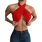 Mokoru Women's Sexy Sleeveless Halter Criss Cross Tank Crop Tops Self Tie Backless Cami