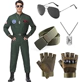 Kovelyn Men Fighter Pilot Costume Halloween Adult Flight Suit Jumpsuit 6PCS | Flight Suit Jumpsuit, Tactical Gloves, Adjustable Belt, Aviator Sunglasses, Flight-Themed Necklace for Halloween Themed Party