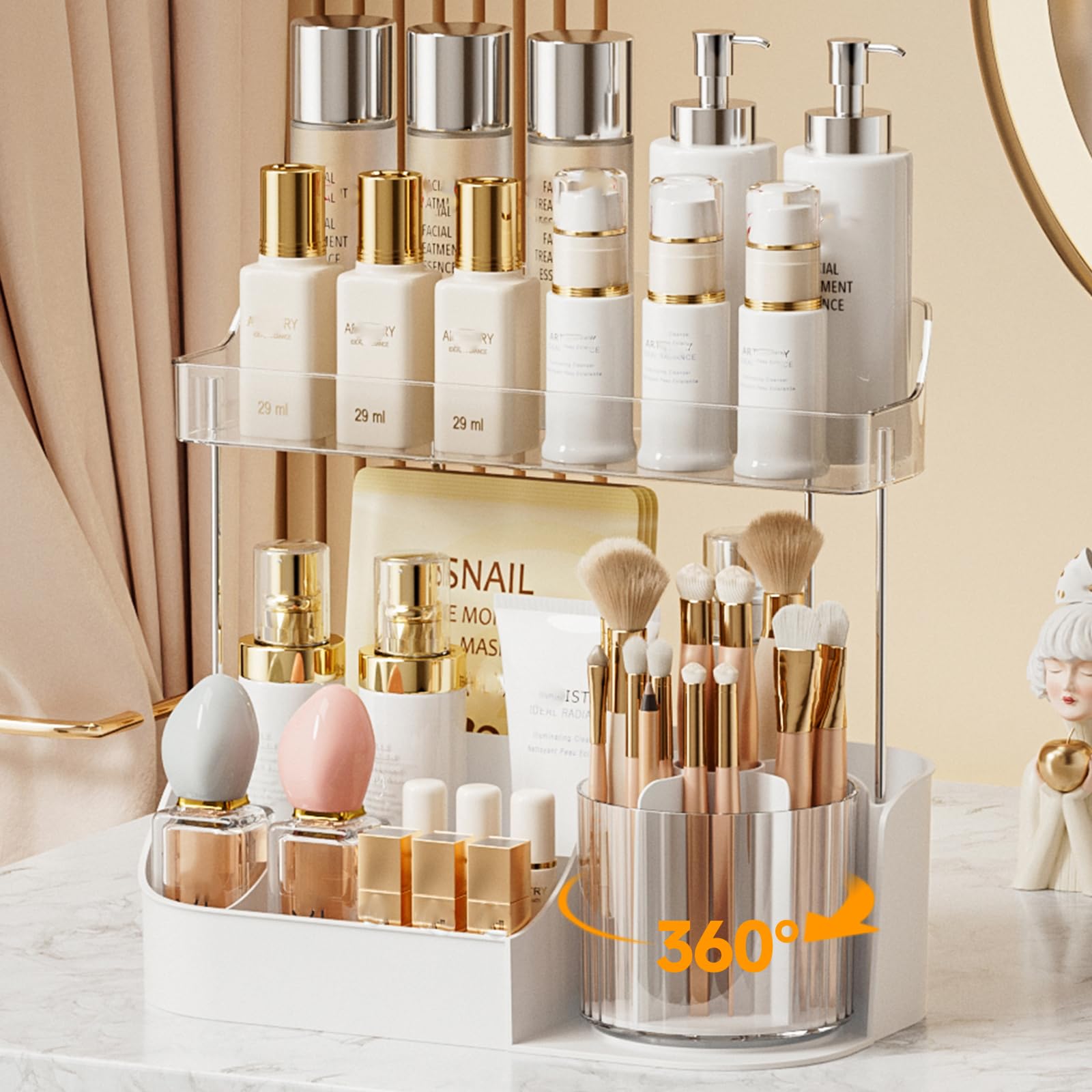 Photo 1 of NATURE'S SOURCE Rotating Makeup Organizer Countertop for Vanity with Makeup Brush Holder, Large Capacity, Grid Design, 360° Rotatable Skincare Organizer Perfume Tray for Dresser, Bathroom (White, 2T)