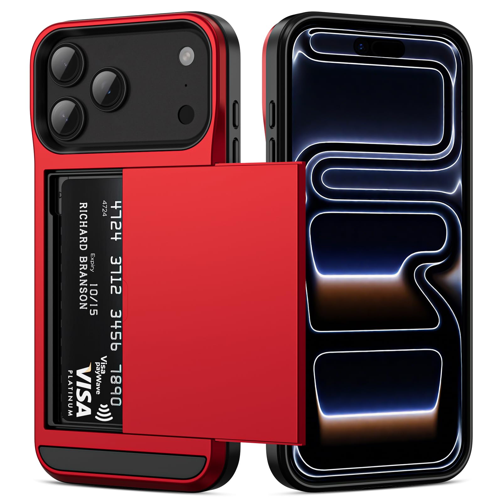Vofolen for iPhone 17 Pro Case Wallet with Card Holder [Max 3 Cards] Dual Layer Heavy Duty Shockproof Drop Protection Hidden Sliding ID Slot Slim Phone Cover for Women Men, 6.3 Inch Red
