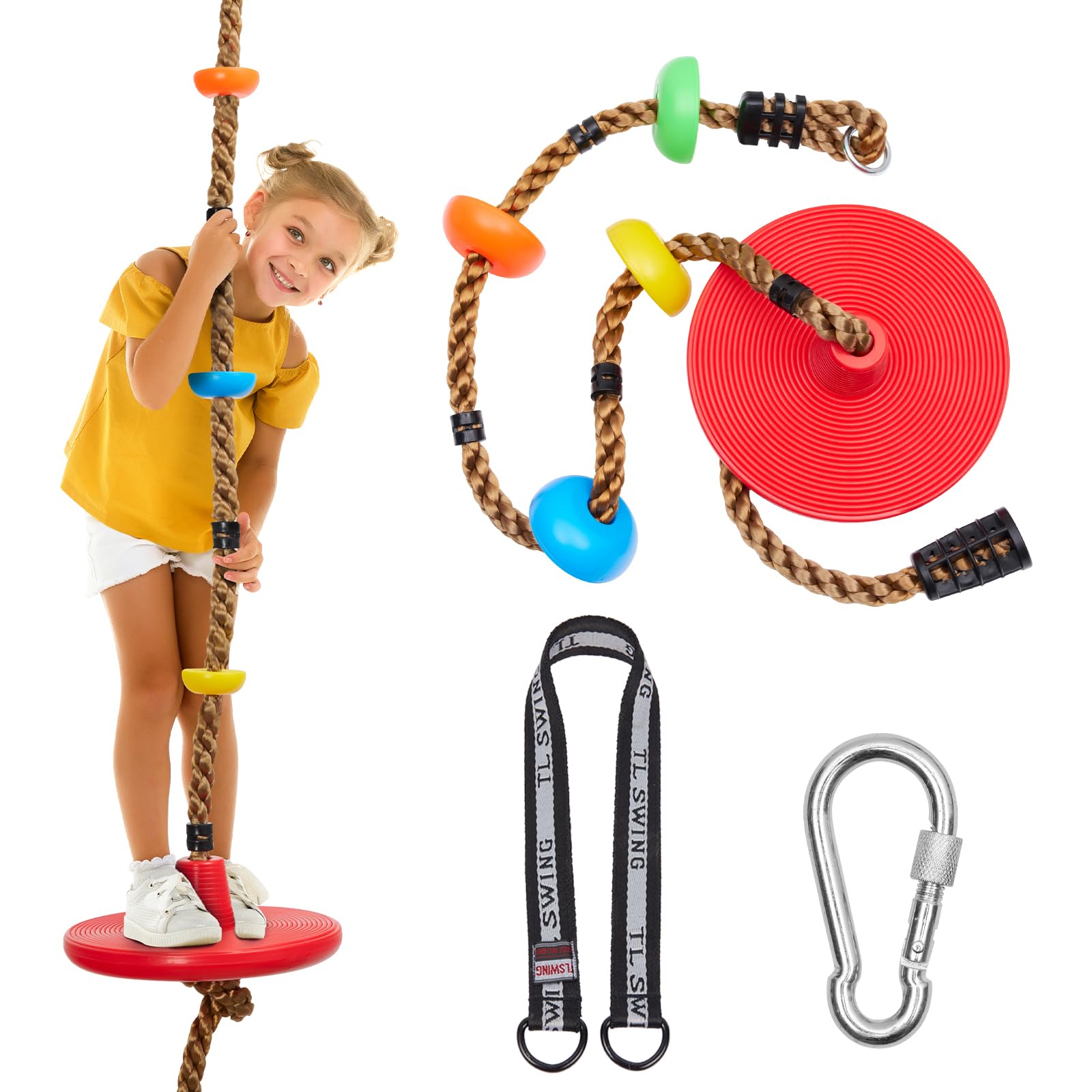 Photo 1 of DECORLIFE Adjustable Rope Swing for Kids, Climbing Rope Disc Swing with Platforms, Carabiner and Tree Strap, Tree Swing for Outdoor, Swing Set Playground Accessories, Red