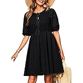 Dokotoo Summer Dresses for Women 2026 Tie Front V Neck Short Puff Sleeve Hollow Out Lace Wedding Guest Dress