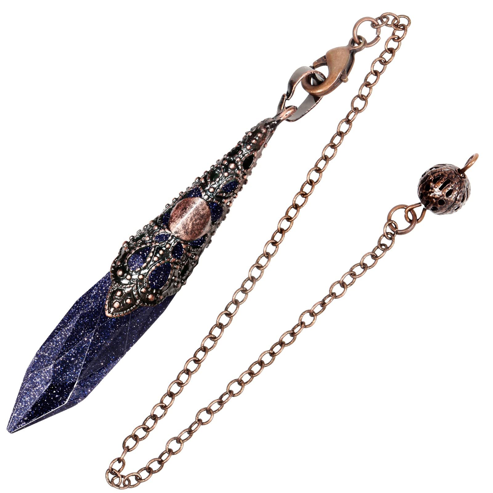 KYEYGWO Crystal Stone Pendulum with Vintage Chain, Crystal Dot Pendant Necklace, Reiki Healing Stone Pendulums for Divination Meditation Scrying Balance, Blue Sand Stone