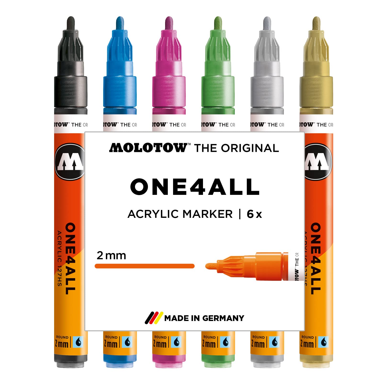 Molotow One4All 127HS Acryl Marker Metallic-Set (2,0 mm Strichstärke, hochdeckend und permanent, UV-beständig, für fast alle Untergründe) 6 Stück sortiert