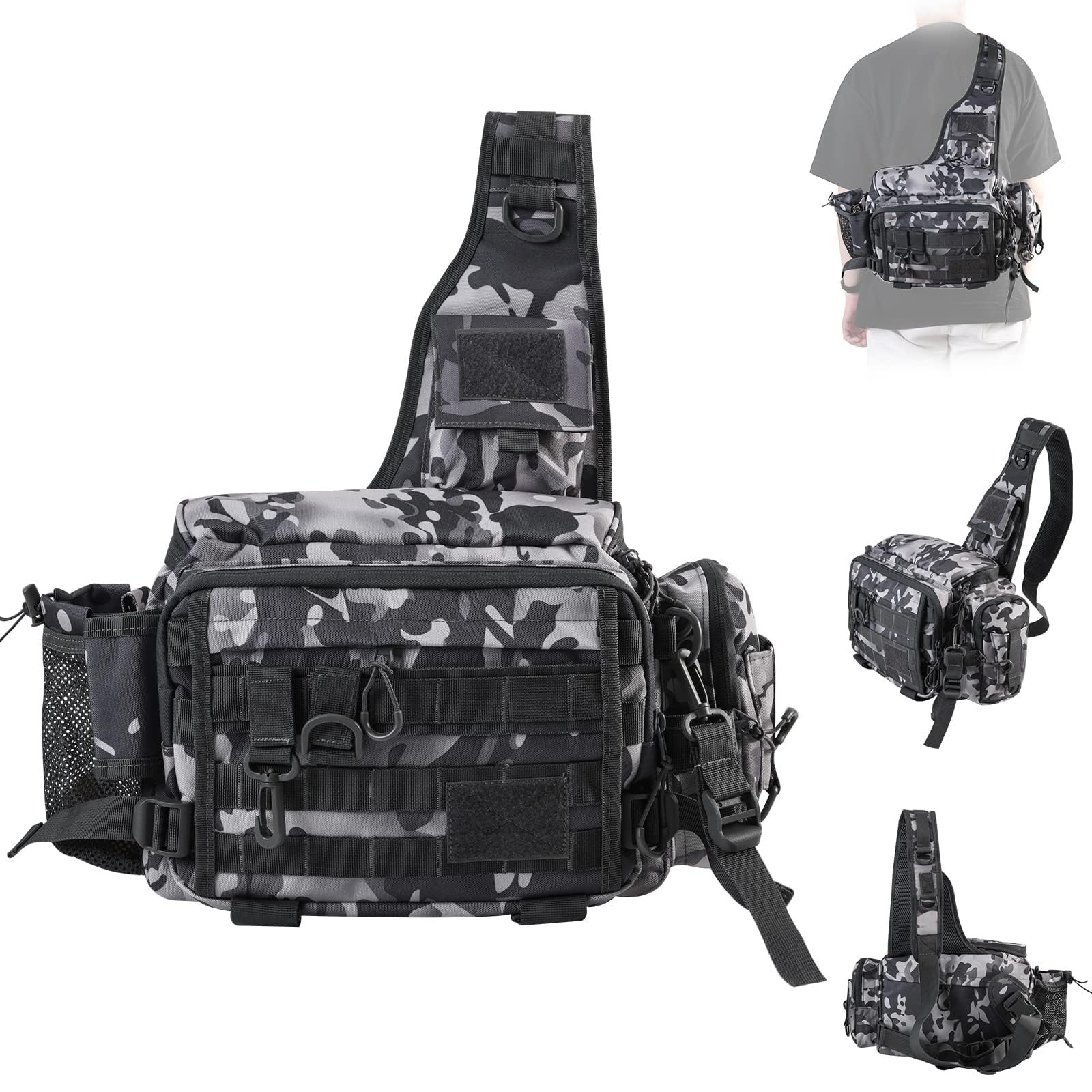 Matymats Fishing Tackle Bag with Rod Holder, 600D Carp Fishing Bag, Water-Resistant Cross Body Sling Bag with Waist Strap, Fly Fishing Bag, Fishing Gifts for Men, 16.1"x7.9"x9.3", Grey Camo