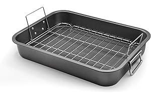 CULINARIN Large Roasting Pan With Rack 12” X 16” - Non Stick Large Roaster Pan and Flat Rack With Foldable Handles - Roasting Pans for Ovens to Elevate Food for Even Heating - Dishwasher Safe Turkey Roast Pot