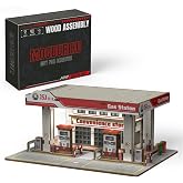 MOCBURIKU 1/64 Wooden Diorama Display for Hot Wheels with LED, Holds 2 Cars | Diecast Model Car Garage for Hot Wheel Matchbox Display Case, 73Pcs Gas Station Wood Parking Garage, Gift for Collectors