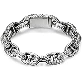 COOLSTEELANDBEYOND Mens Vintage Old Metal Dotted Textured Anchor Marine Link Chain Bracelet Stainless Steel Retro Style