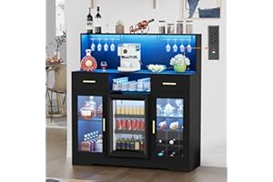 SAHISTCT Coffee Bar Cabinet with Mini Fridge Space,Wine Bar Cabinets with Power Outlet&Led Lights, Mini Fridge Cabinet Home Liquor Cabinets with Glass Holder&Wine Racks, Modern Buffet Sideboard with Storage