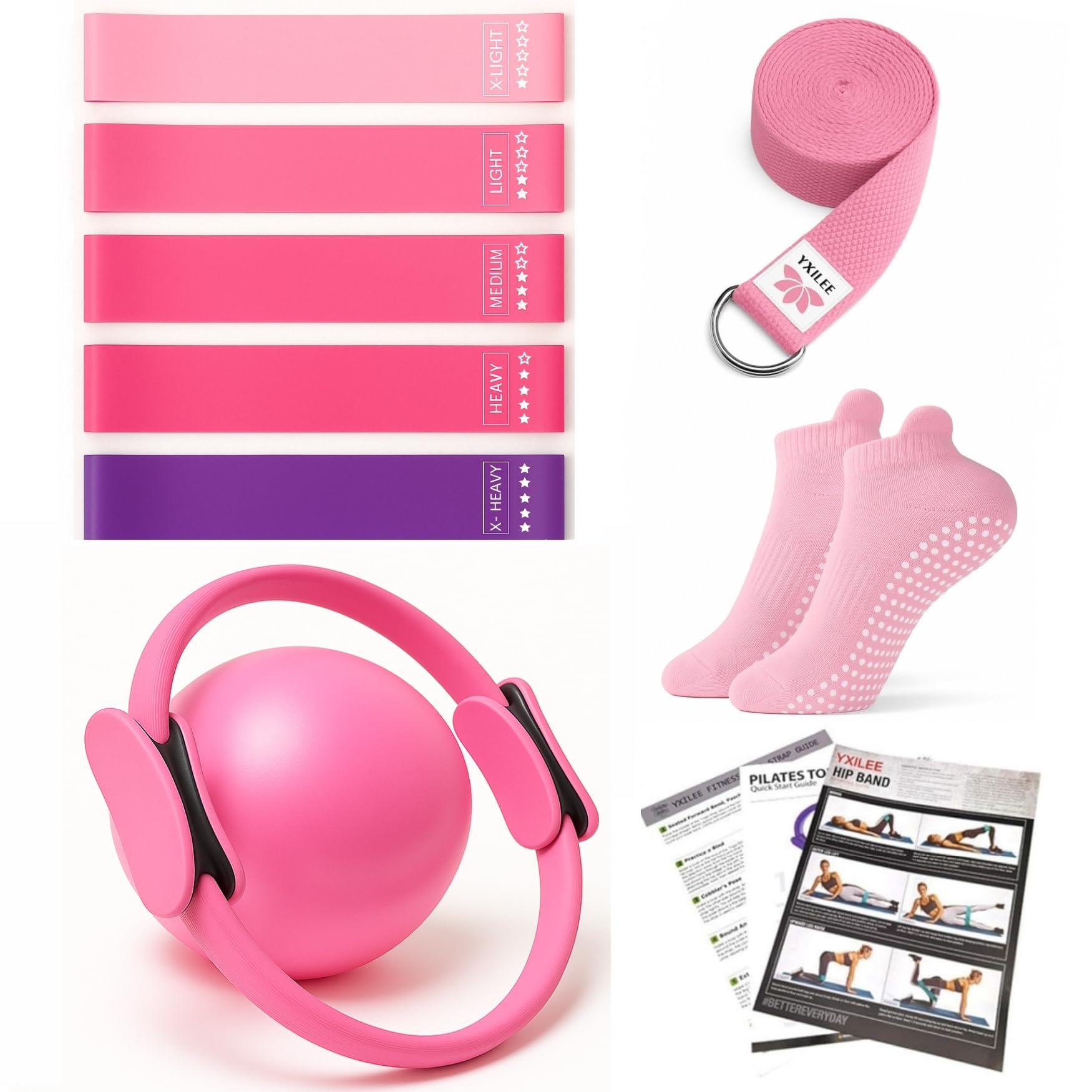 Photo 1 of YXILEE Pilates Ring Circle Set - Workout at Home Workout Equipment Women - Booty Bands Stretching Equipment Pilates Mini Exercise Ball for Legs Arms and Thighs (Pink)