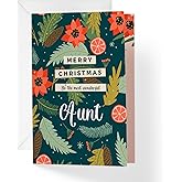 1Up Greetings Merry Christmas Card For Aunt | Your Card Helps Animals In Need |Christmas Flowers and Poinsettias|5”x7.5” | Single Card + Envelope | Women Owned Small Business Made in USA | XMASAUNT1