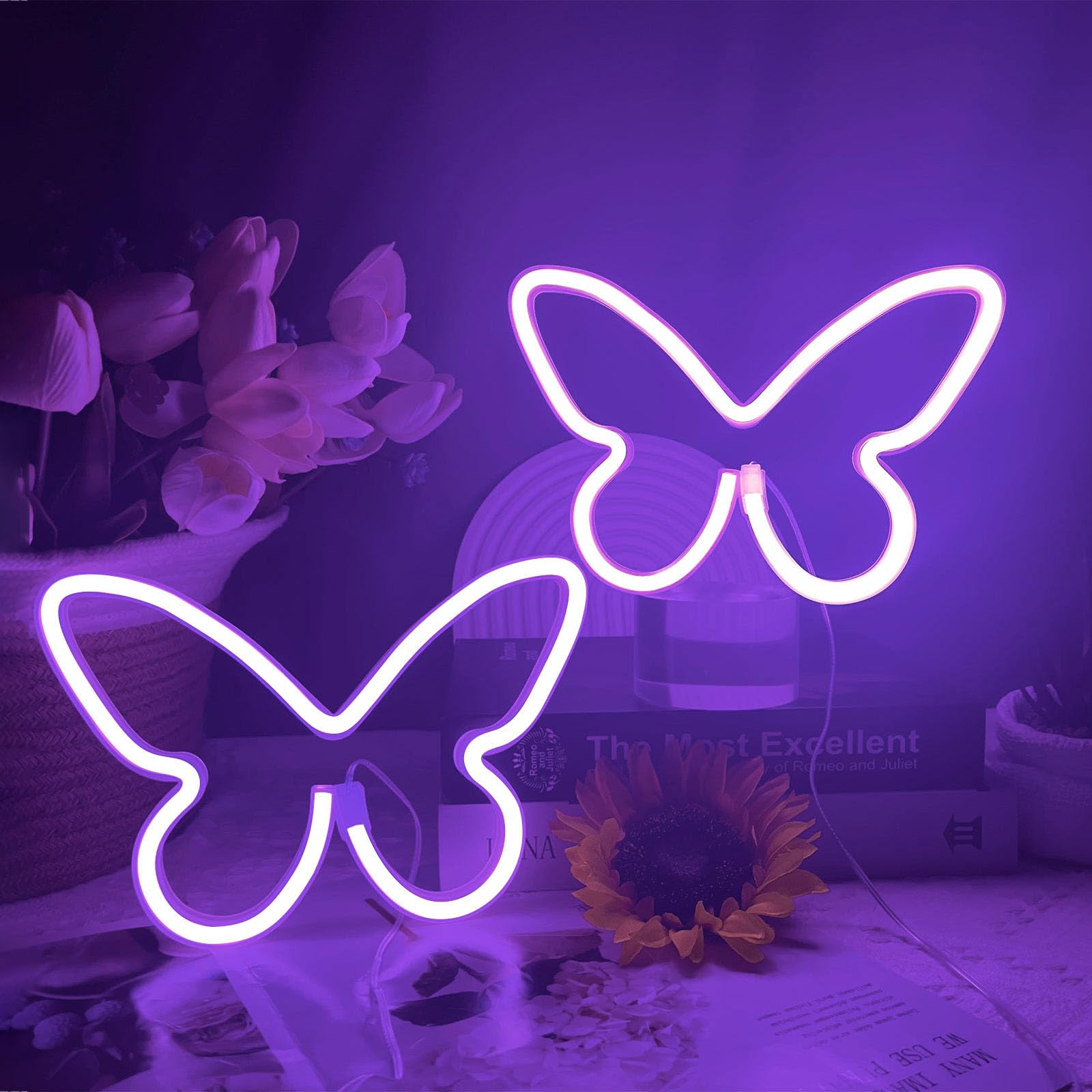 Photo 1 of 2 PCS Butterfly Neon Signs Purple Butterfly LED Neon Light for Bedroom,USB/3AA Battery Powered Neon Light Sign Wall Art for Valentines Day Birthday Wedding Party Home Bar Decorations