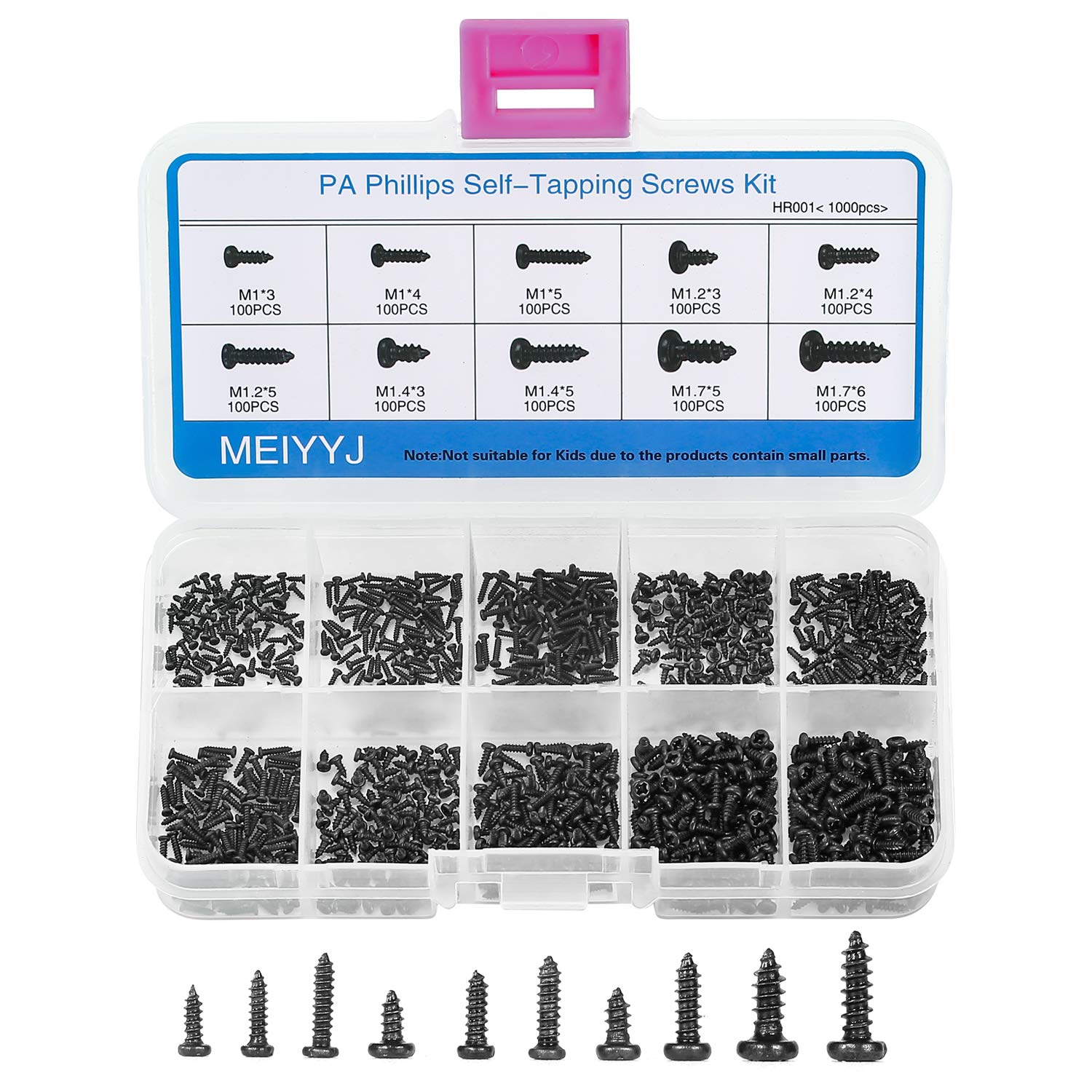 MEIYYJ 10 Kinds Small Multi-Purpose M1 M1.2 M1.4 M1.7 Phillips Head Micro Screws Self-Tapping Electronic Screws Assortment Kit Pack of 1000