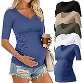 Riyiper 5 Pack Women's Maternity Shirts V Neck Half Sleeve Maternity Tops Side Ruched Casual Tee Pregnancy Clothes