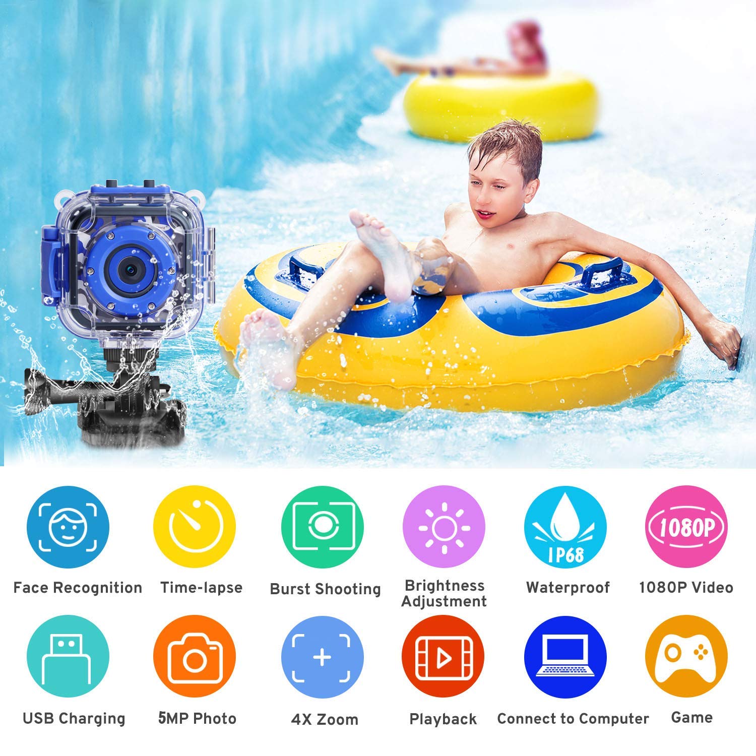 DROGRACE Children Kids Camera Waterproof Digital Video HD Action Camera 1080P Sports Camera Camcorder DV for Boys Birthday Holiday Gift Learn Camera Toy 1.77\'\' LCD Screen (Navy Blue)