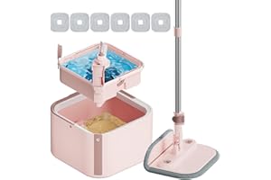 INWEJIA Upgraded Spin Mop and Bucket Set Self-Standing Mop Bucket Separate Dirty and Clean Water System Self Wringing 360° Rotating 90° Foldabl Mops and Buckets for Floor Cleaning (Pink, 6Pads)