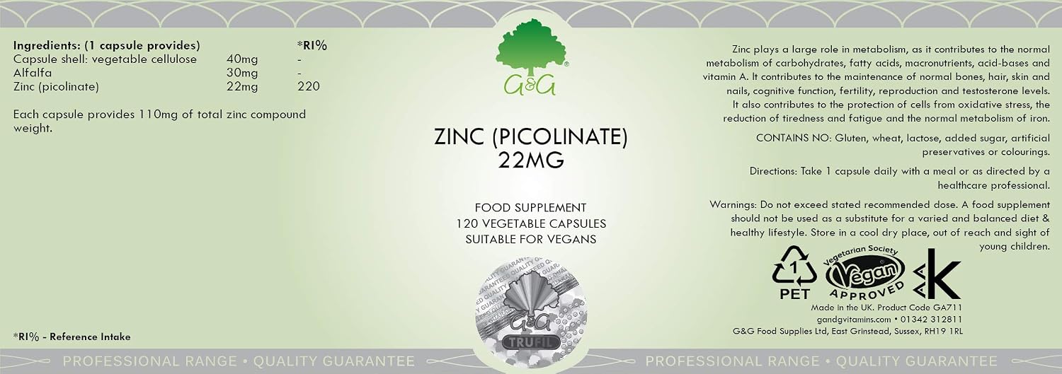 Zinc Picolinate - 22mg Elemental Zinc - 120 Vegan Capsules - Chelated for Improved Absorption - Non-GMO, Made in The UK - G&G Vitamins - Image 3