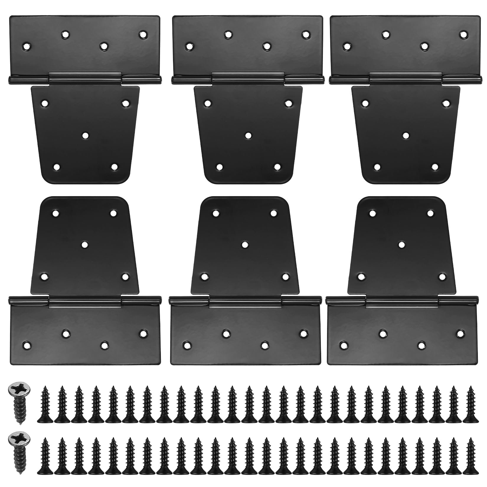 Foldable, Pack of 6 Heavy Duty Door Hinges, Black T Door Hinges for Wooden Doors, Garden Gate Outdoor Hinges, with 54 Screws Included