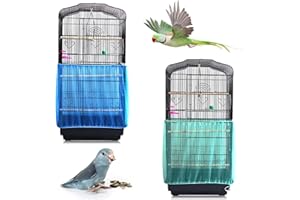 Daoeny 2Pcs Universal Bird Cage Cover, Adjustable Seed Feather Catcher, Soft Airy Nylon Mesh Parrot Net, Birdcage Cover Skirt Sheer Guard for Round Square Cages (Green+ Blue)
