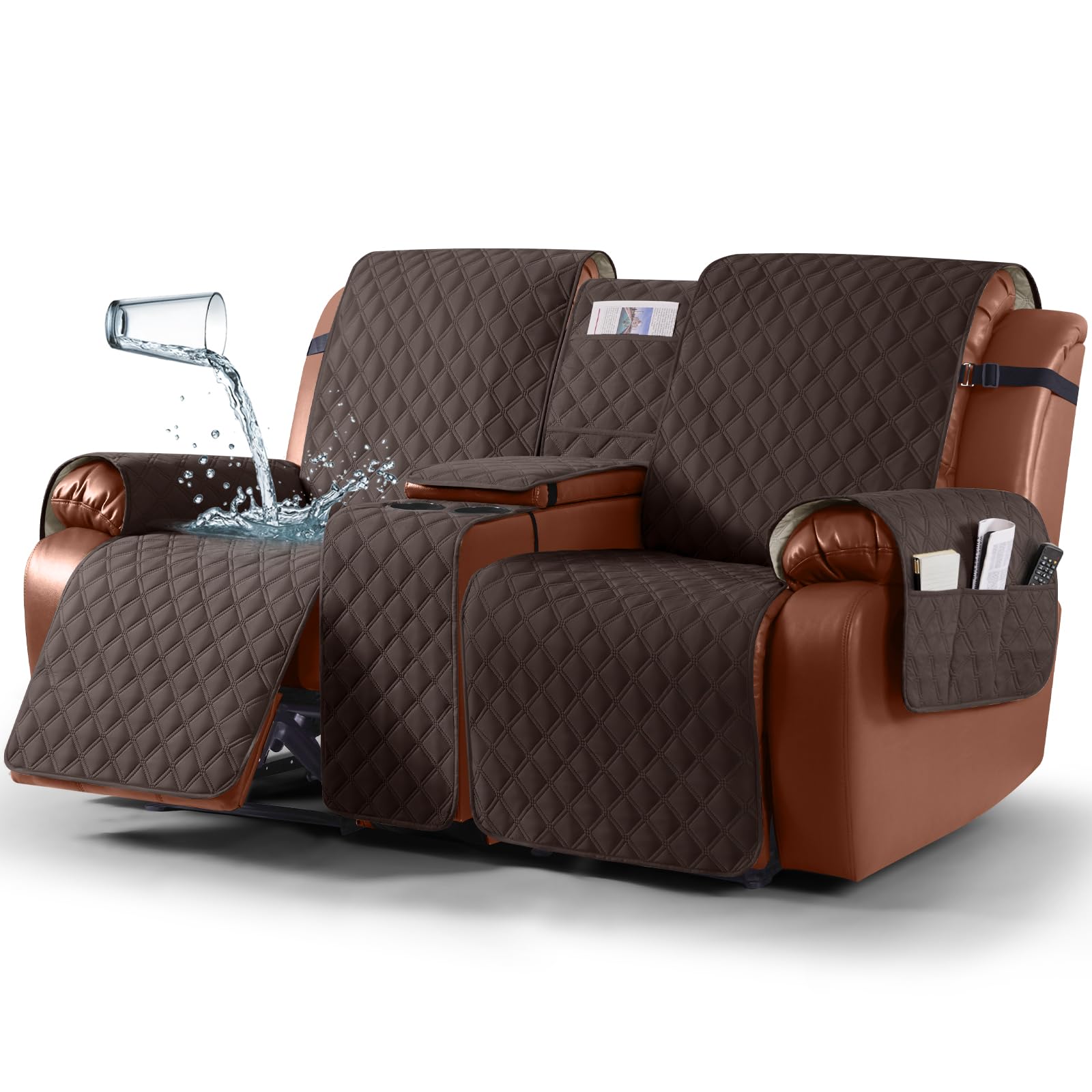 Ruaozz Waterproof Loveseat Recliner Cover with Console Non-Slip Reclining Couch Covers Split Sofa Slipcovers with Elastic Straps for Kids, Dogs, Pets (Chocolate, 2 Seater)